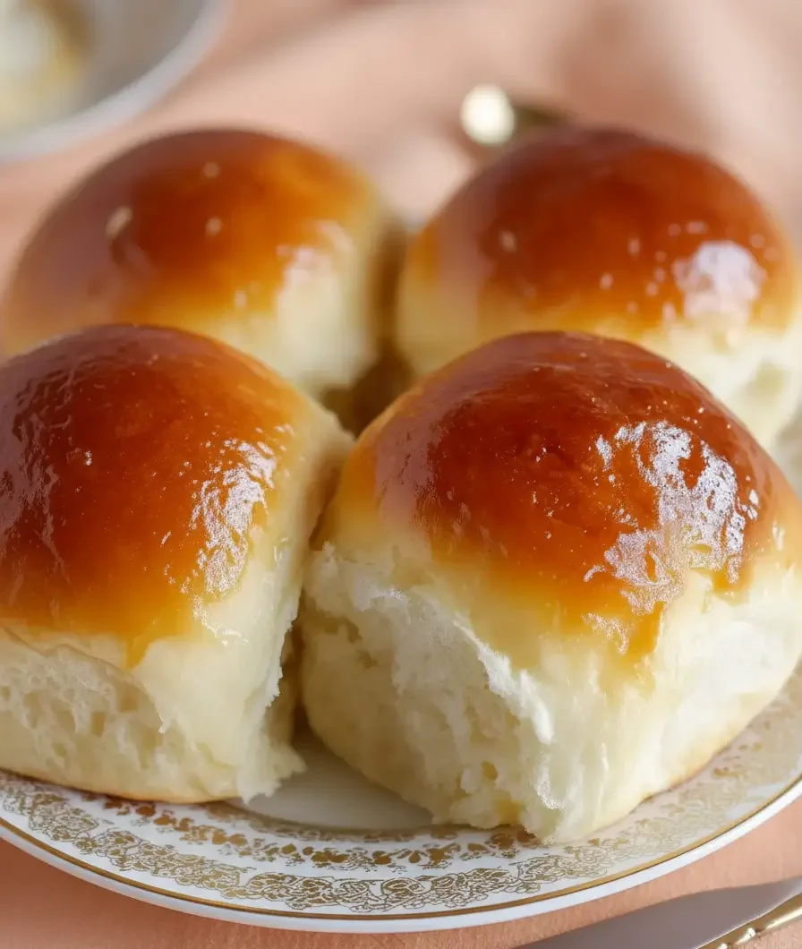 Golden brown homemade dinner rolls in a baking dish, brushed with melted butter, showing soft fluffy texture