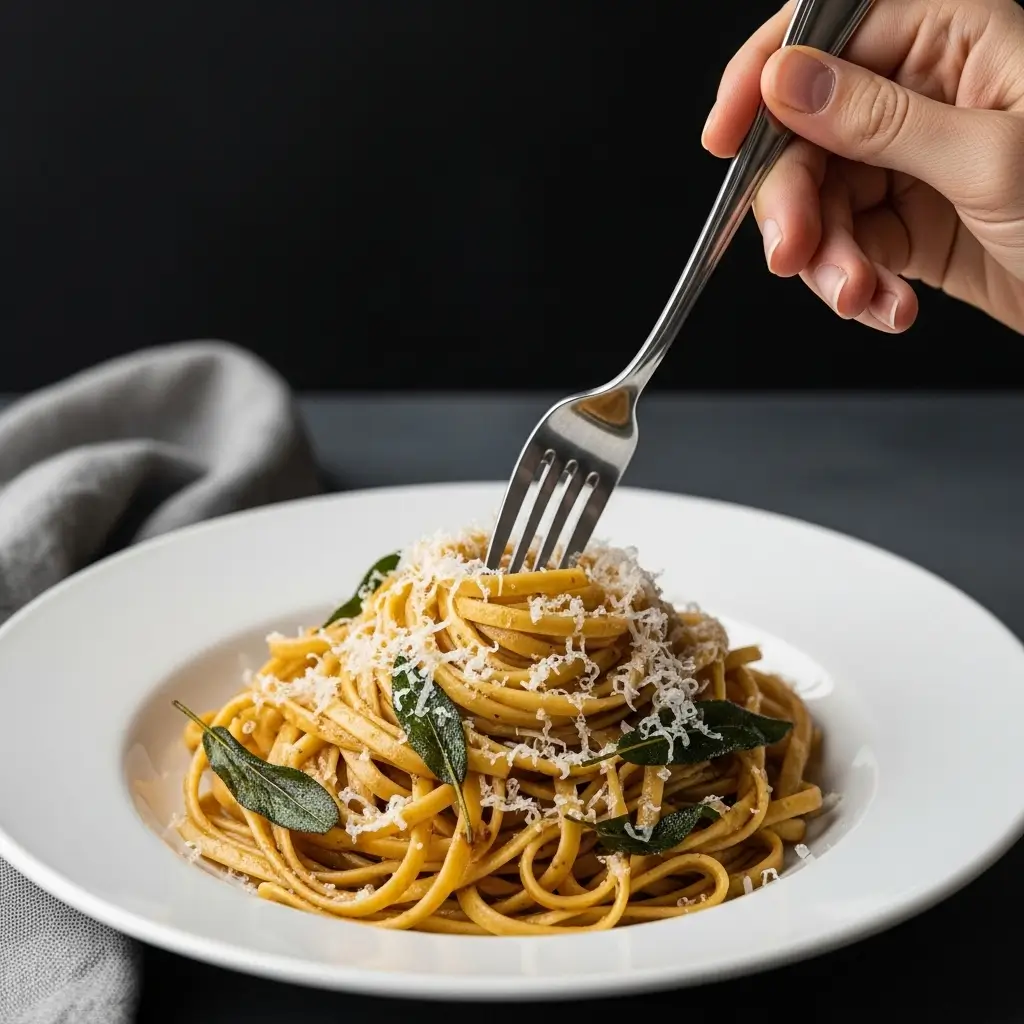 Plated Kaslo sourdough pasta fettuccine with brown butter sage sauce garnished with parmesan