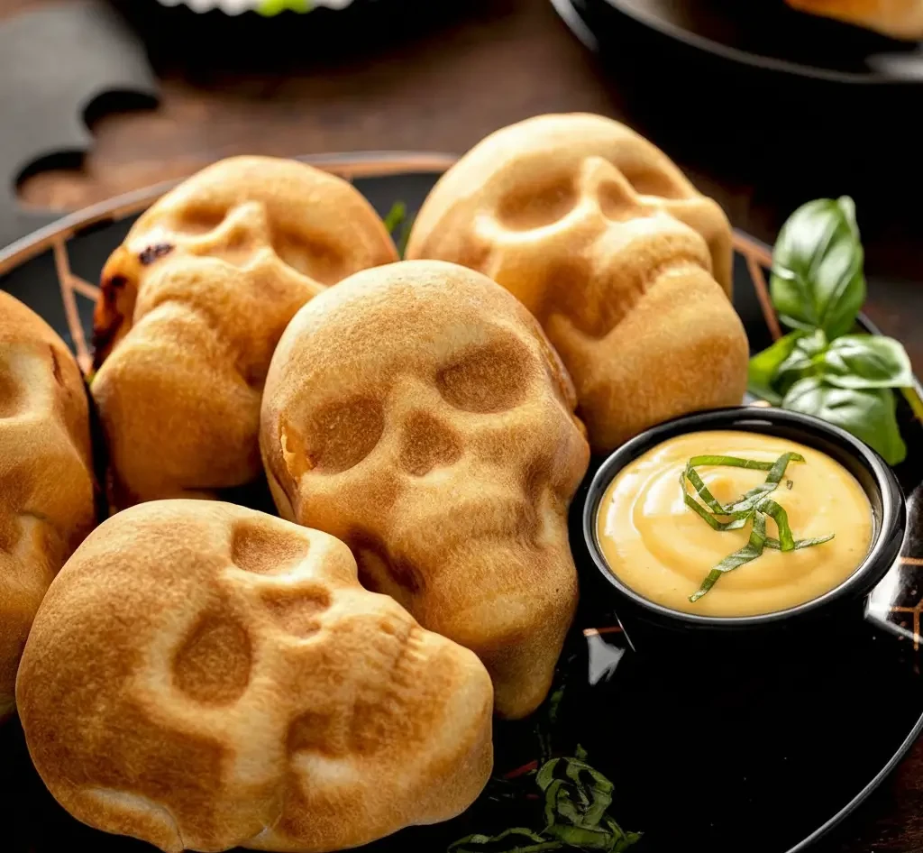 Dramatic skull-shaped bread baked in skull bread pan with detailed bone features and golden brown crust on dark background