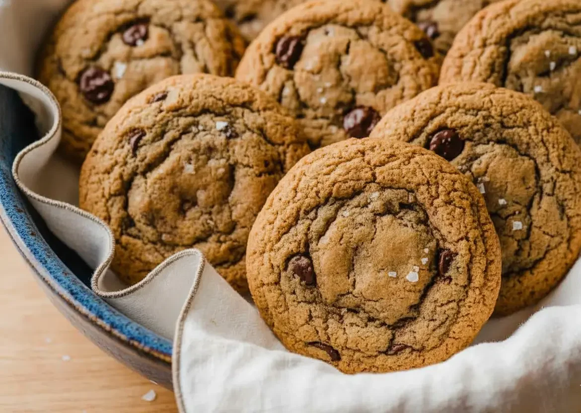 Stack of chewy sourdough discard chocolate chip cookies with melted chocolate chips and golden brown edges on white plate
