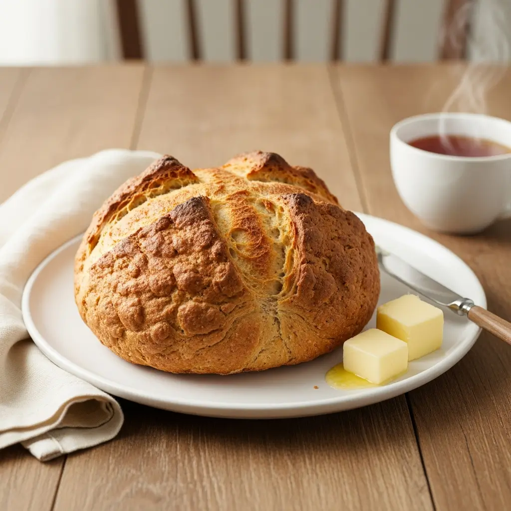 Rustic sourdough Irish soda bread with deep cross cut on top showing crusty golden brown exterior Ina Garten style